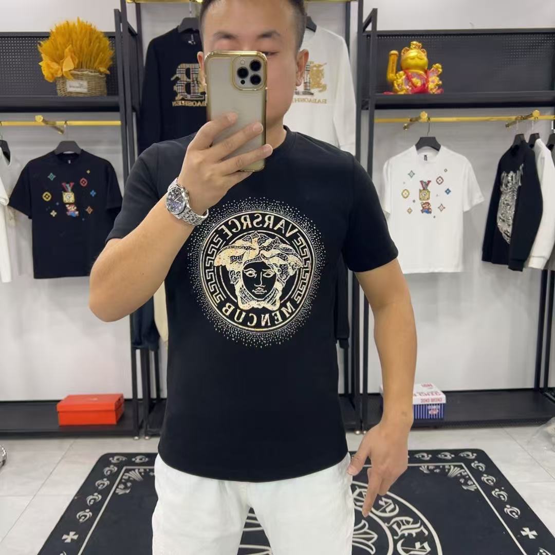 潮牌烫钻短袖T恤男秋冬新款半袖上衣欧货男装上衣时尚轻奢打底衫