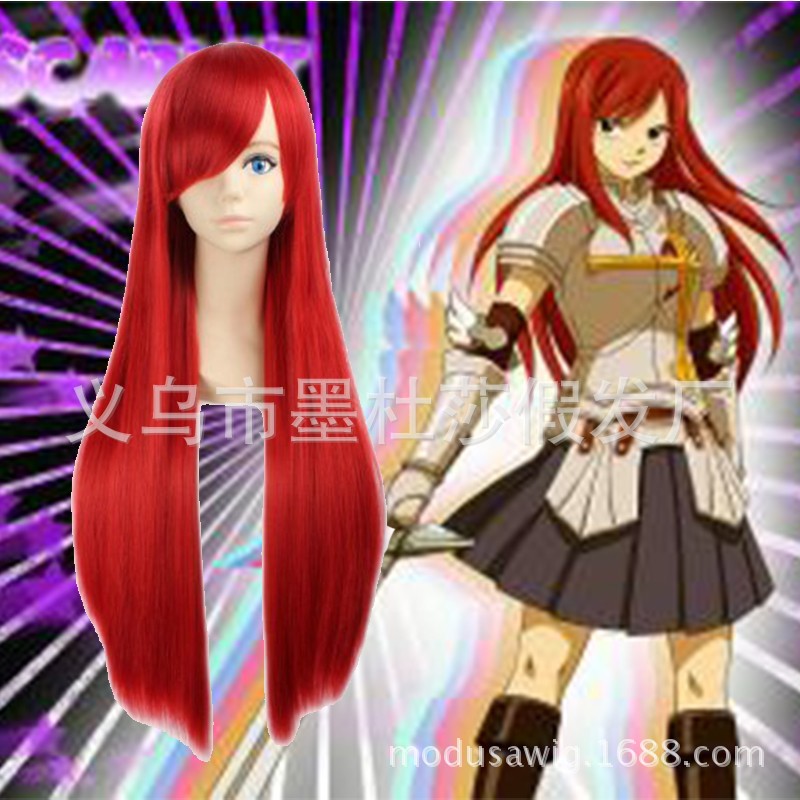 cosplay妖精的尾巴假发 外贸女士斜刘海红色长直发动漫化纤全头套