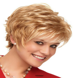 欧美金发假发女短发 中老年短卷发斜刘海金色化纤全头套外贸货源