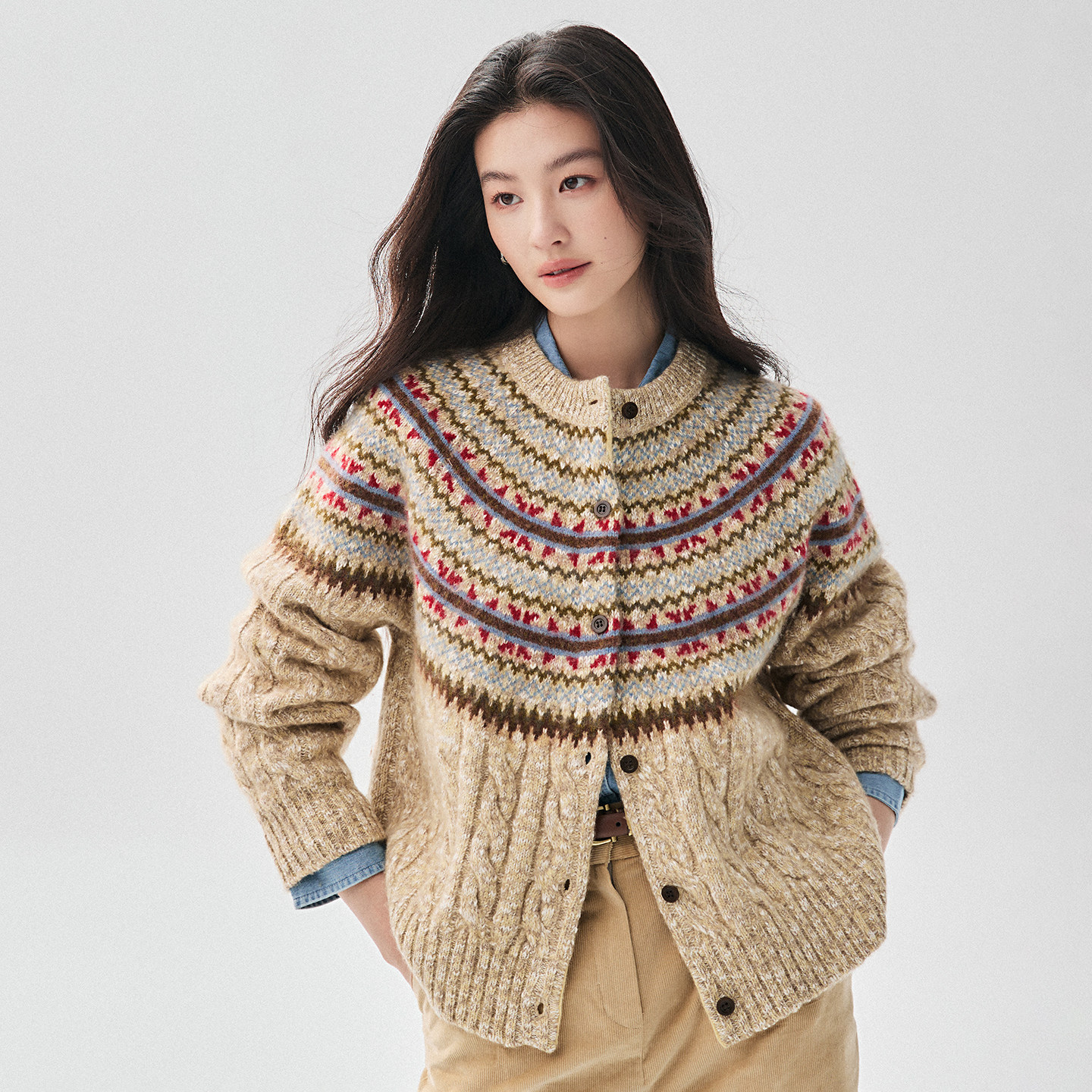 重工费尔岛提花山羊绒开衫女长袖圆领宽松加厚慵懒风保暖毛衣外套