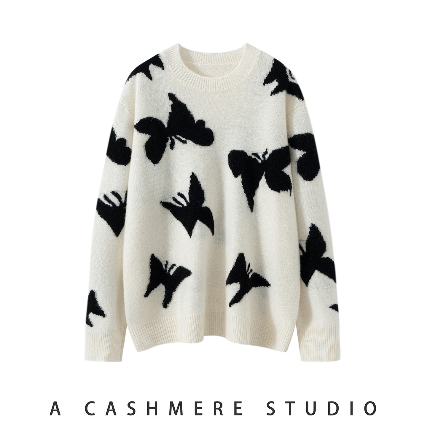 高级感韩版新款山羊绒衫女圆领加厚宽松慵懒风针织毛衣蝴蝶打底衫