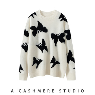 高级感韩版新款山羊绒衫女圆领加厚宽松慵懒风针织毛衣蝴蝶打底衫
