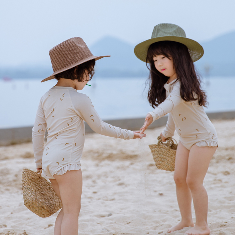 女童夏季连体长袖泳衣速干宝宝海边防晒衣女孩游泳碎花边可爱泳装