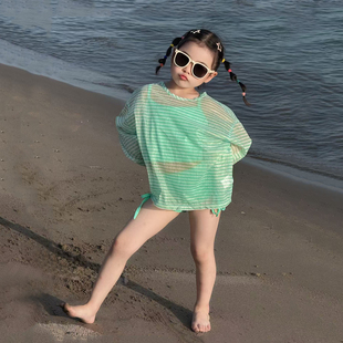 女童泳衣夏装新款儿童海边长袖罩衫四件套女孩分体平角游泳衣套装