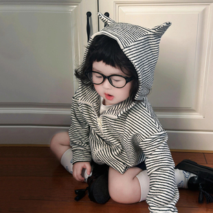 女童卫衣外套秋装洋气韩版童装儿童条纹可爱连帽棒球服女宝宝开衫