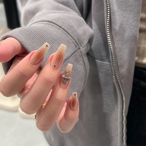 手工穿戴甲辣妹ins腮棕美甲 纯手定制工穿戴甲腮红渐变克罗心美甲