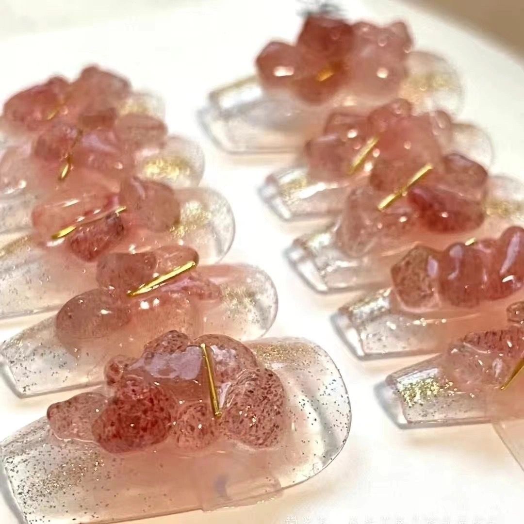 夏日冰透草莓心石美甲穿戴甲手工光疗美甲可拆卸甲片ins穿戴式