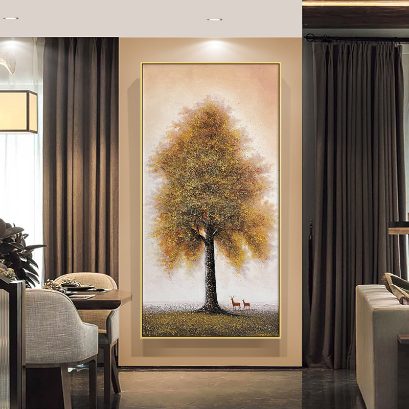 手绘风景发财树油画现代简约轻奢中式挂画玄关走廊竖版立体装饰画图片