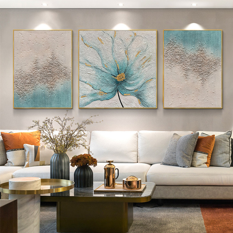 纯手绘油画现代简约轻奢玄关装饰画餐厅客厅花卉沙发抽象三联挂画