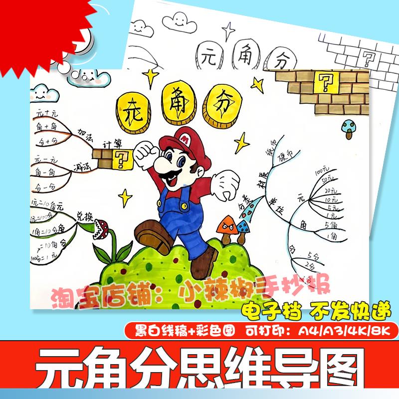 一二年级认识人民币元角分钱币手抄报数学小报黑白线稿思维导图A4