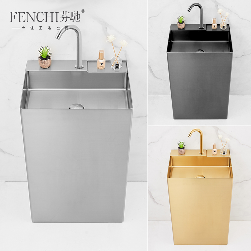 北欧304不锈钢立柱盆方形落地式洗脸盆家用一体洗手台酒店洗手池