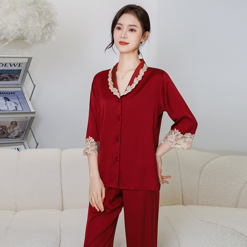 2026新款春秋季冰丝绸睡衣女款本命年红色家居服套装送妈妈可外穿