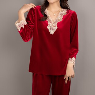 2025新款秋冬款上海故事金丝绒睡衣女款长袖红色本命年妈妈款套装