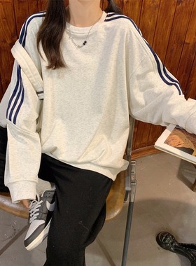 2025女款秋季卫衣学院条纹拼接灰色宽松衣服 韩版卫衣外套女长袖