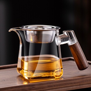 实木把手加厚高硼硅玻璃公道杯茶漏一体分茶器茶道配件新款公杯