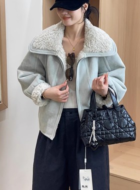 现货清仓特价2025冬季皮毛一体短外套女保暖翻领羊羔毛夹克66069