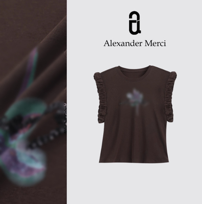 【鸢尾花系列】东方手绘印花 重磅手工袖 巧克力棕短袖D25T61818