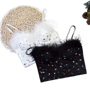 黑色感鱼骨文胸羽毛亚克力装 饰设计感抹胸内搭性感小吊带