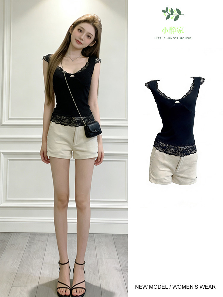 夏季暗许芳心黑色蕾丝拼接纯欲v领短袖t恤女性感修身显瘦镂空上衣