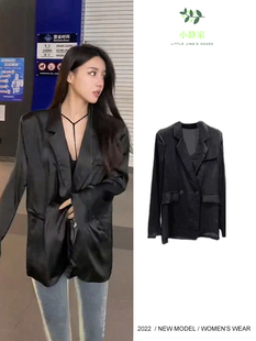 韩版高级感宽松缎面黑色西装外套女2025秋季百搭轻薄长袖防晒西服