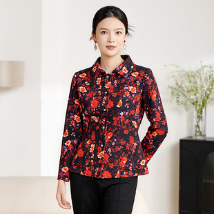 香沐兰2025秋季新款印花小衫洋气上衣红色碎花时尚流行中老年外套