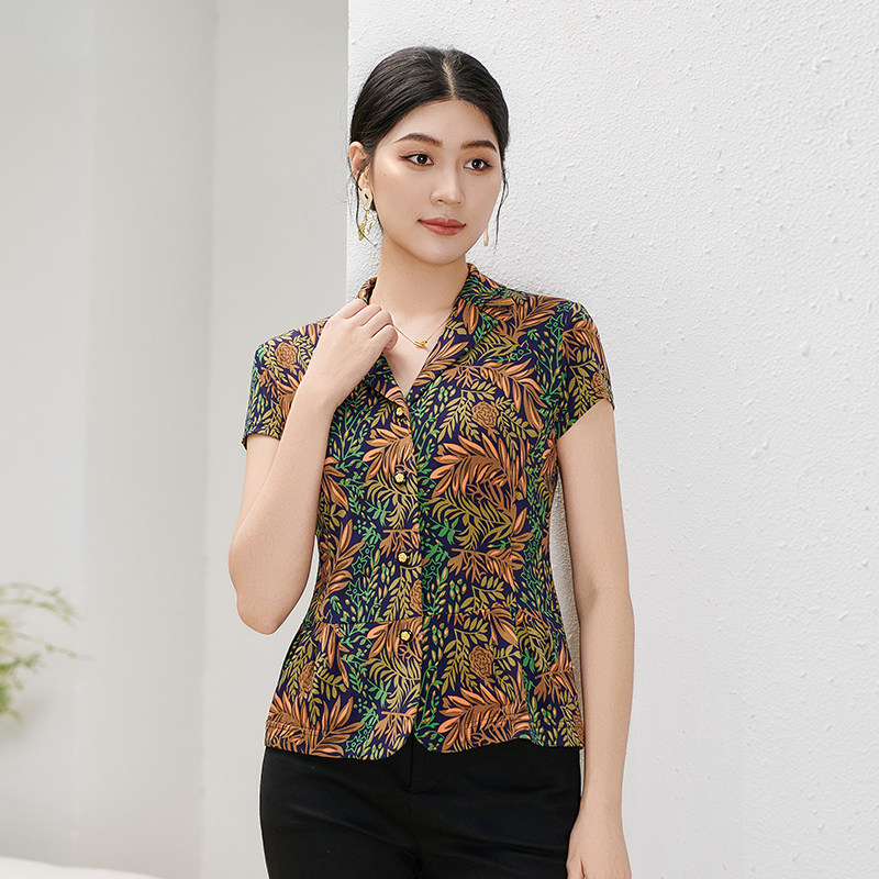 香沐兰2026新款女士碎花弹力短袖衬衫今年流行的品牌妈妈夏装上衣