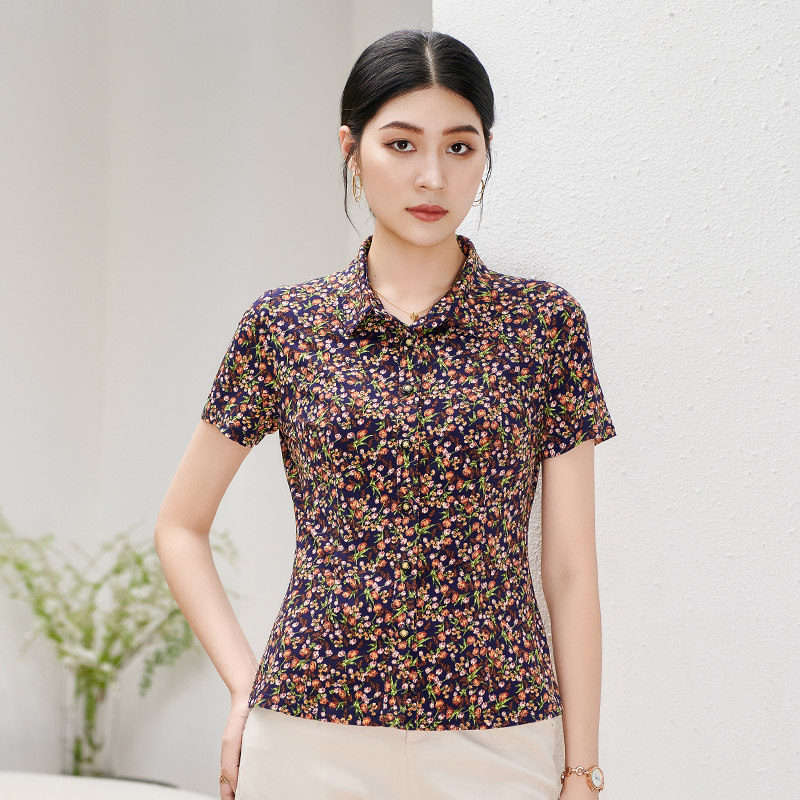 香沐兰2026洋气品牌新款减龄短袖女士衬衫妈妈气质印花小衫上衣