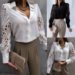 Women Blouse Tops Lace Ladies Black Shirts Spring White 2024