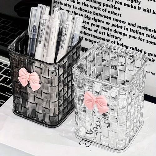 1pc Clear Acrylic Desk Organizer with Bow Accent-Durable Pen