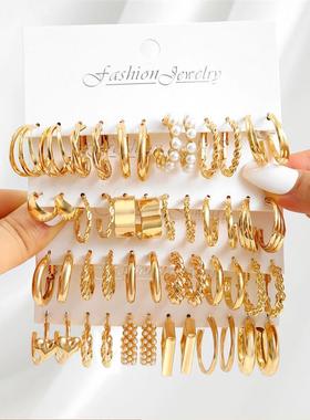 Gold Color Vintage Hoop Earrings Set for Women Boho Metal Ci