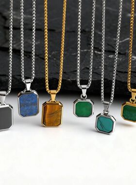 Trendy Pendant Necklaces for Men,Square Natural Stone Stainl