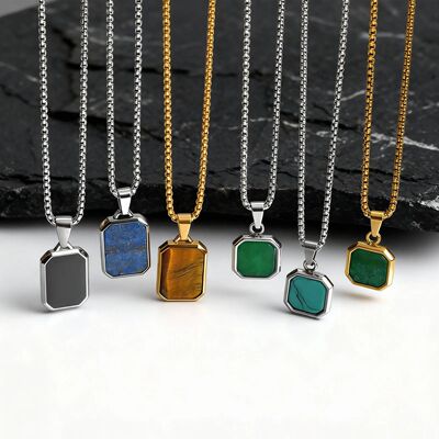 Trendy Pendant Necklaces for Men,Square Natural Stone Stainl