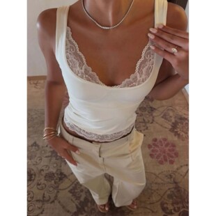 Dulzura Square Collar Backless Slim Lace Ruffles Patchwork T