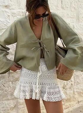 Cotton Linen Lace Up Bow Shirts Women Loose Hollow Out V Nec