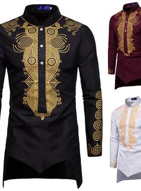 .印度装男装民族风金色印花t恤衬衫韩版修身潮流帅气夏天复古英伦