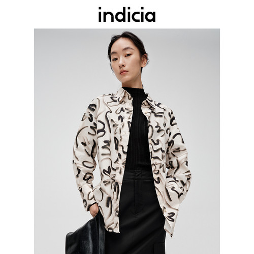 indicia标记商场同款纯棉印花衬衫上衣长款春秋季女装6A403CS157F