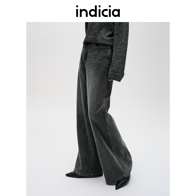 indicia标记商场同款春秋黑色阔腿牛仔裤长裤女F2C4NK493N