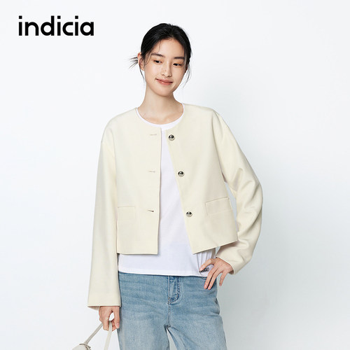 indicia标记商场同款春秋女装圆领绵羊毛香风短款外套F2A5WT068C