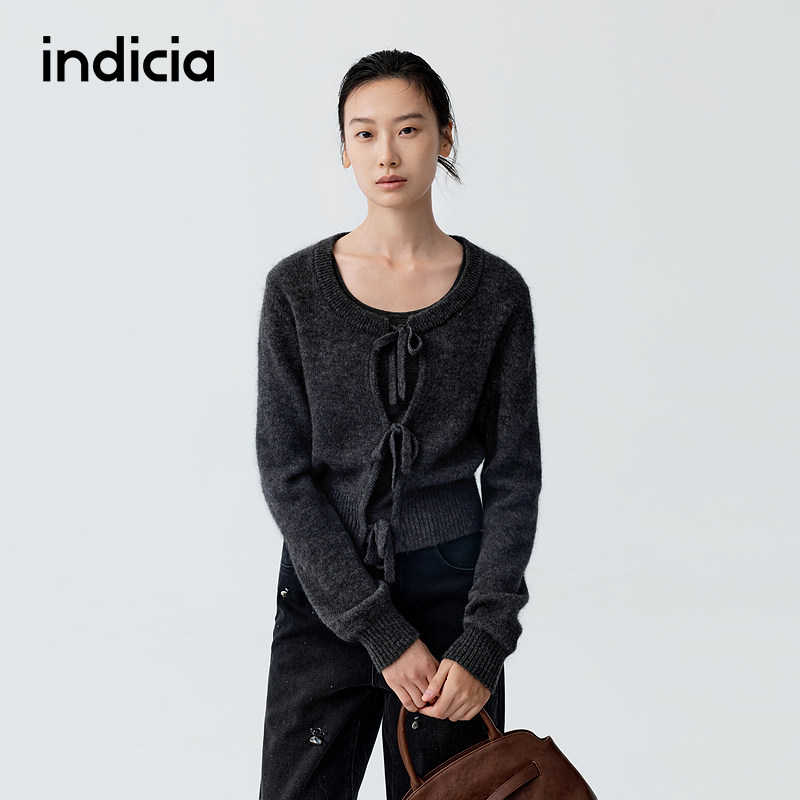 indicia标记商场同款2026春季女装两件套开衫背心套装灰色针织衫