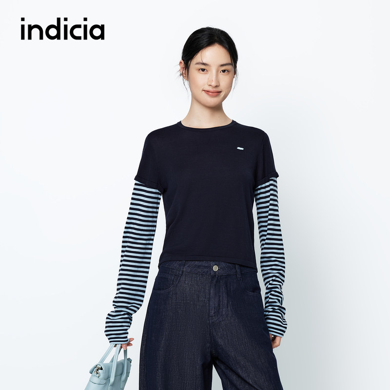 indicia标记25秋新款拼接设计撞色层次条纹圆领长袖T恤L2C5ZZ137