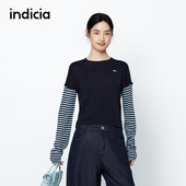 indicia标记25秋新款 拼接设计撞色层次条纹圆领长袖 T恤L2C5ZZ137