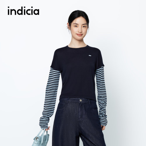 indicia标记25秋新款拼接设计撞色层次条纹圆领长袖T恤L2C5ZZ137