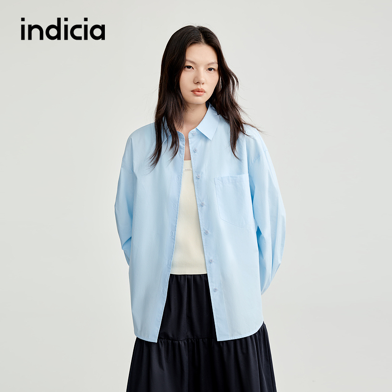 indicia标记25秋新款纯棉蓝色廓形基础衬衫长袖外搭上衣L2C5CS153