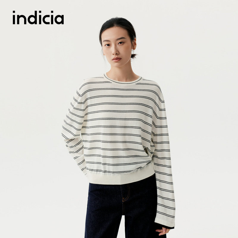 indicia标记商场同款春秋款女装条纹圆领长袖针织衫T恤F2B5ZZ227F