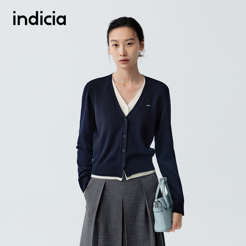 indicia标记商场同款2026春季新款女装假两件针织衫开衫女藏青色