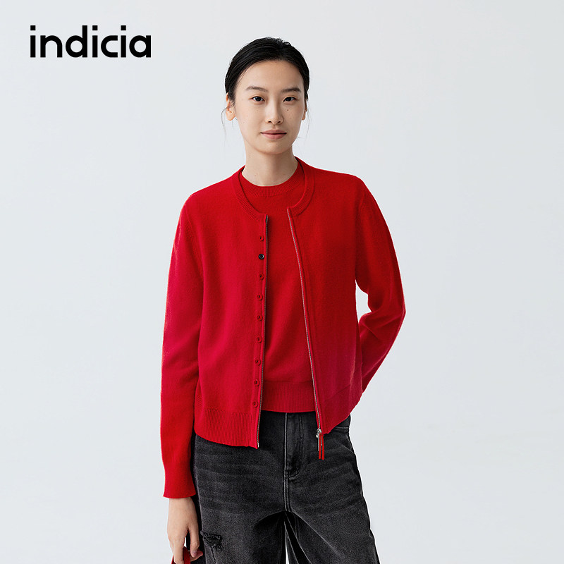 indicia标记商场同款26春季女装红色羊毛针织衫开衫套装两件套