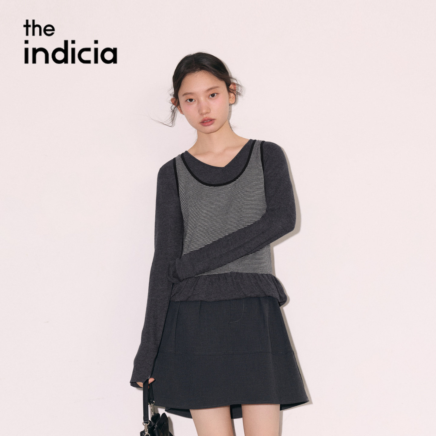 indicia标记商场同款2026秋季新款女装假两件灰色条纹针织衫女