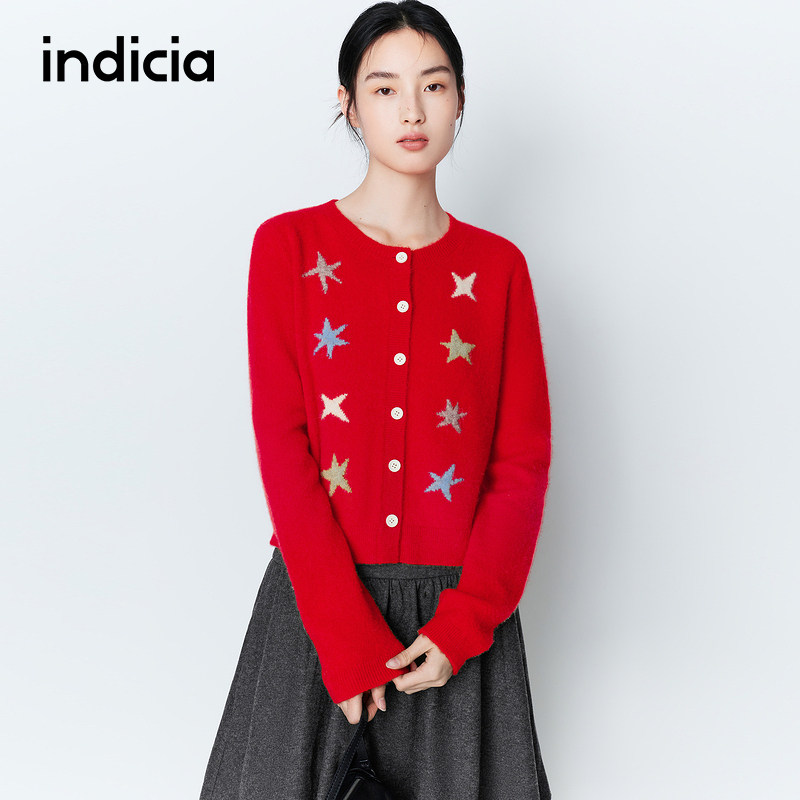 indicia标记商场同款26春季新款女装羊毛针织衫红色开衫L2A6KS020