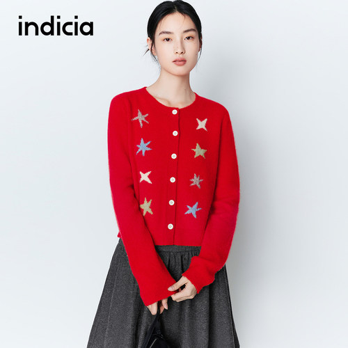 indicia标记商场同款26春季新款女装羊毛针织衫红色开衫L2A6KS020
