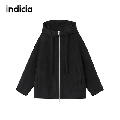 indicia标记商场同款松弛感绵羊毛连帽廓形拉链大衣F2D4DY687F